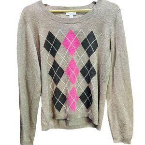 CHARTER CLUB 100 Cashmere Argyle Crew Neck Brown Pink Sweater  Size L